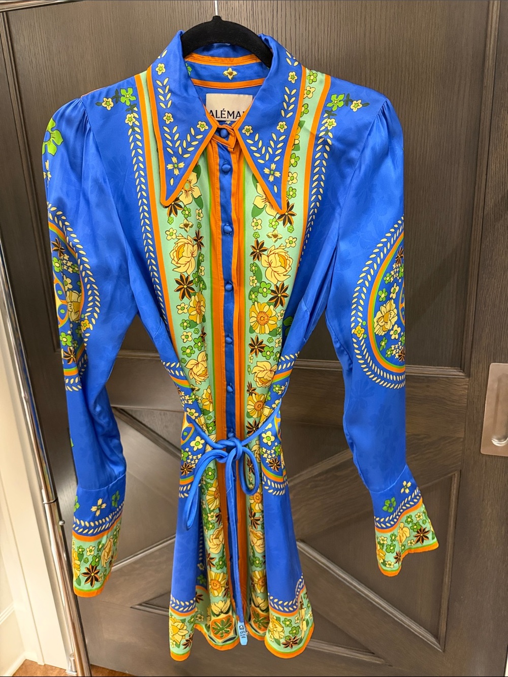 Alemais Royal Blue Floral Print Silk Shirt Dress with Orange Trim US 10 AU 10